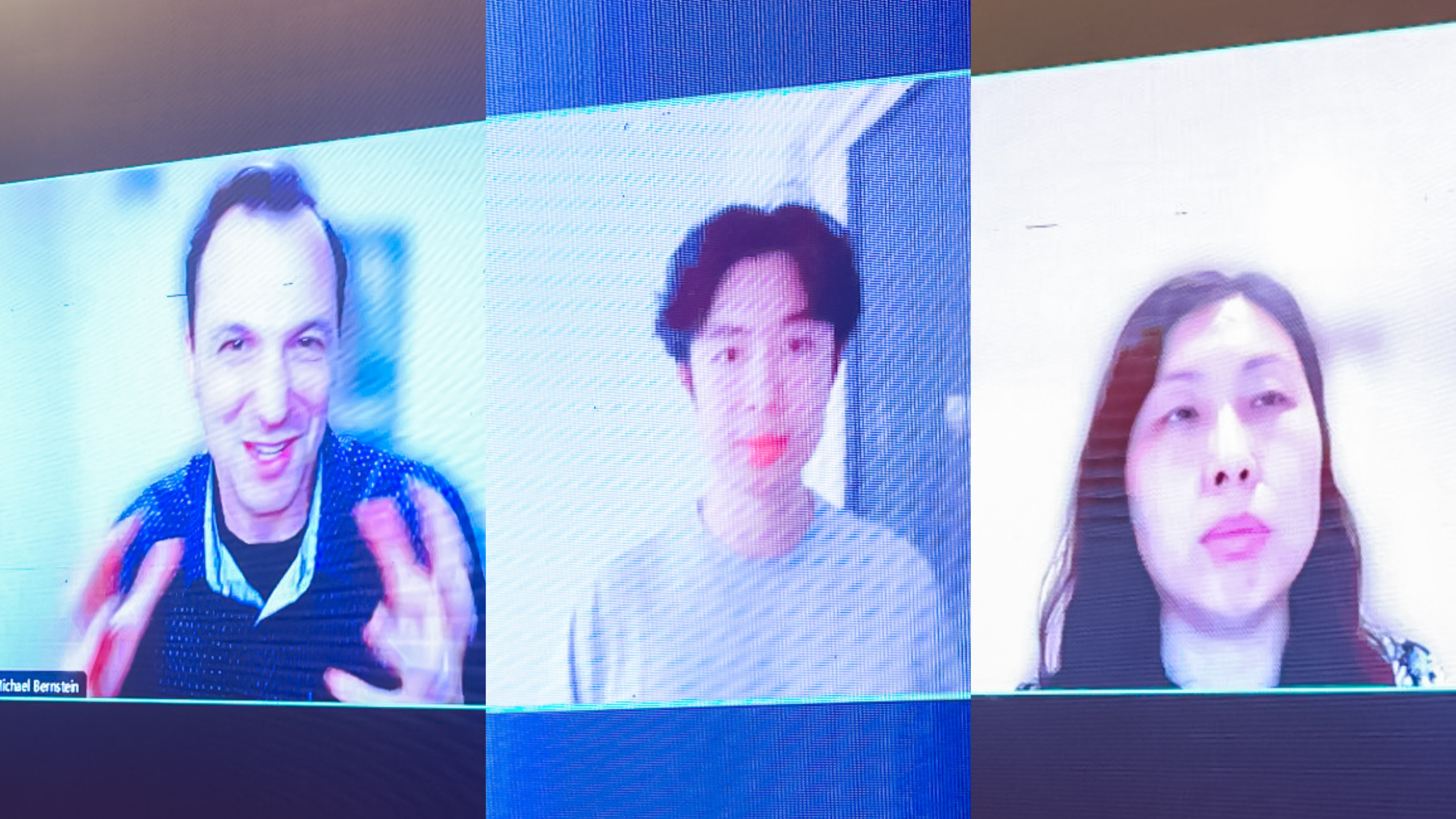 20230910-8xbet.com计算机系与人工智能研究院基础模型研究中心联合举办首届基础大模型研讨会-嘉艺-Michael Bernstein（左）、Jason Wei（中）、Yan Liu（右）在线上作报告.jpg